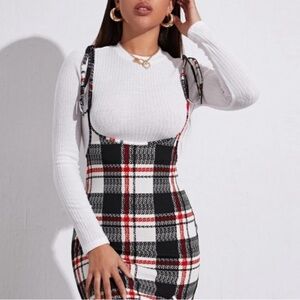 Plaid Pinafore Dress with White Ribbed Top SHEIN XL
